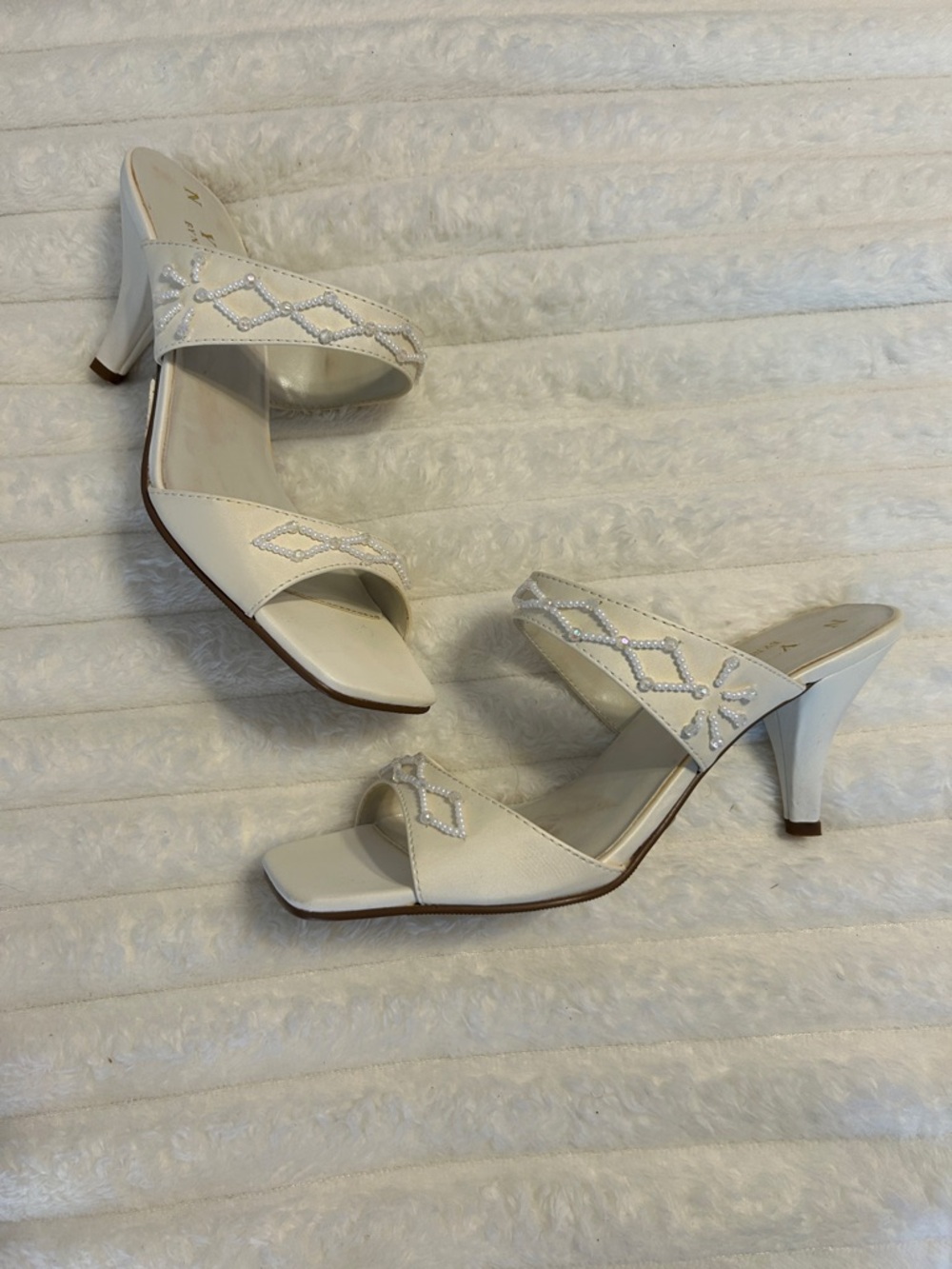 White Beaded Two-Band Mid Heel Sandals for Women